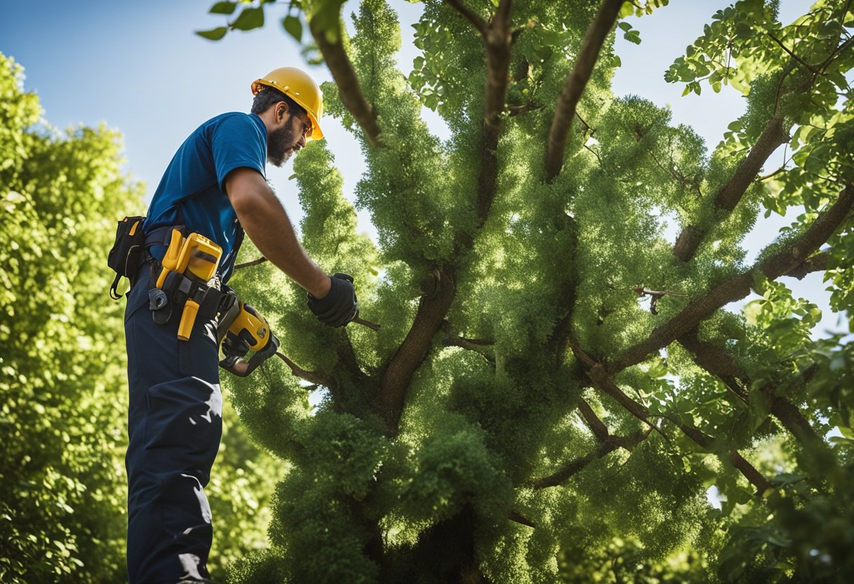 A tree service professional assesses a large, overgrown tree in a suburban backyard, considering the best approach for safe and efficient removal