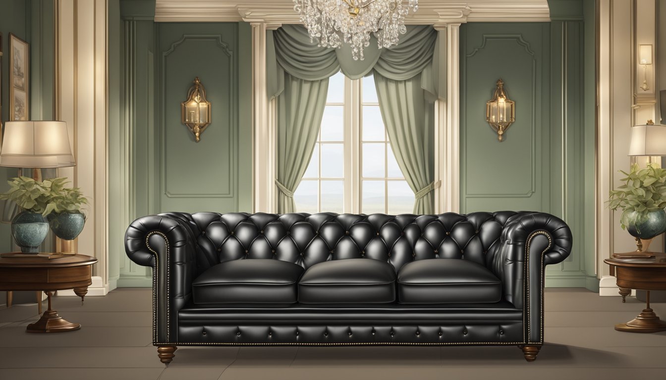 A classic chesterfield sofa with tufted leather, rolled arms, and button detailing, set against a backdrop of elegant, traditional decor
