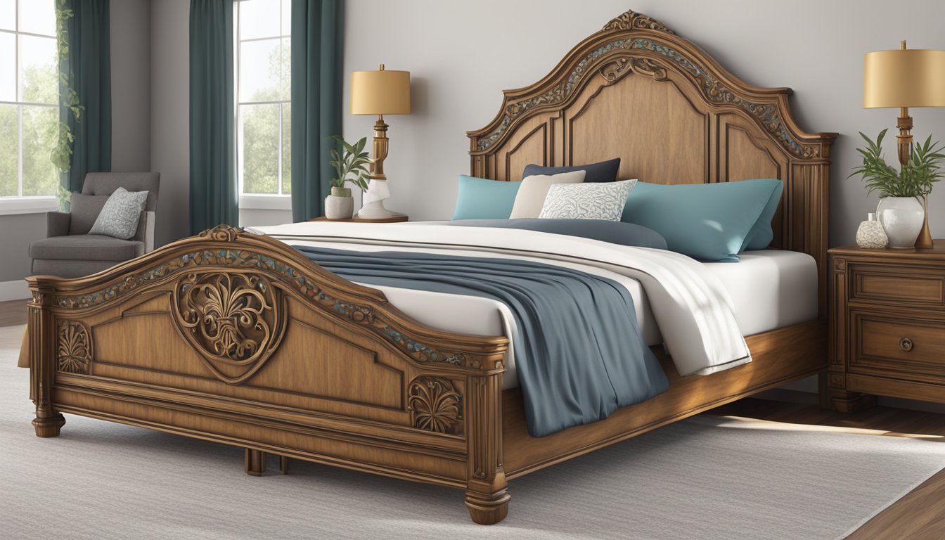 A king-size bed frame stands against a wall, with a headboard and footboard, made of sturdy wood or metal, and adorned with decorative details