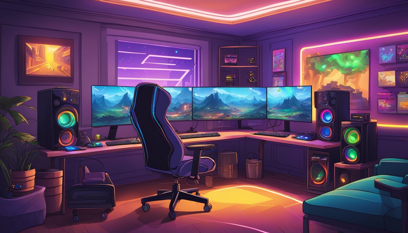 A gaming room with colorful LED lights, multiple screens, and gaming consoles arranged neatly on a desk. Posters of popular video games decorate the walls, and a comfortable gaming chair sits in the center of the room
