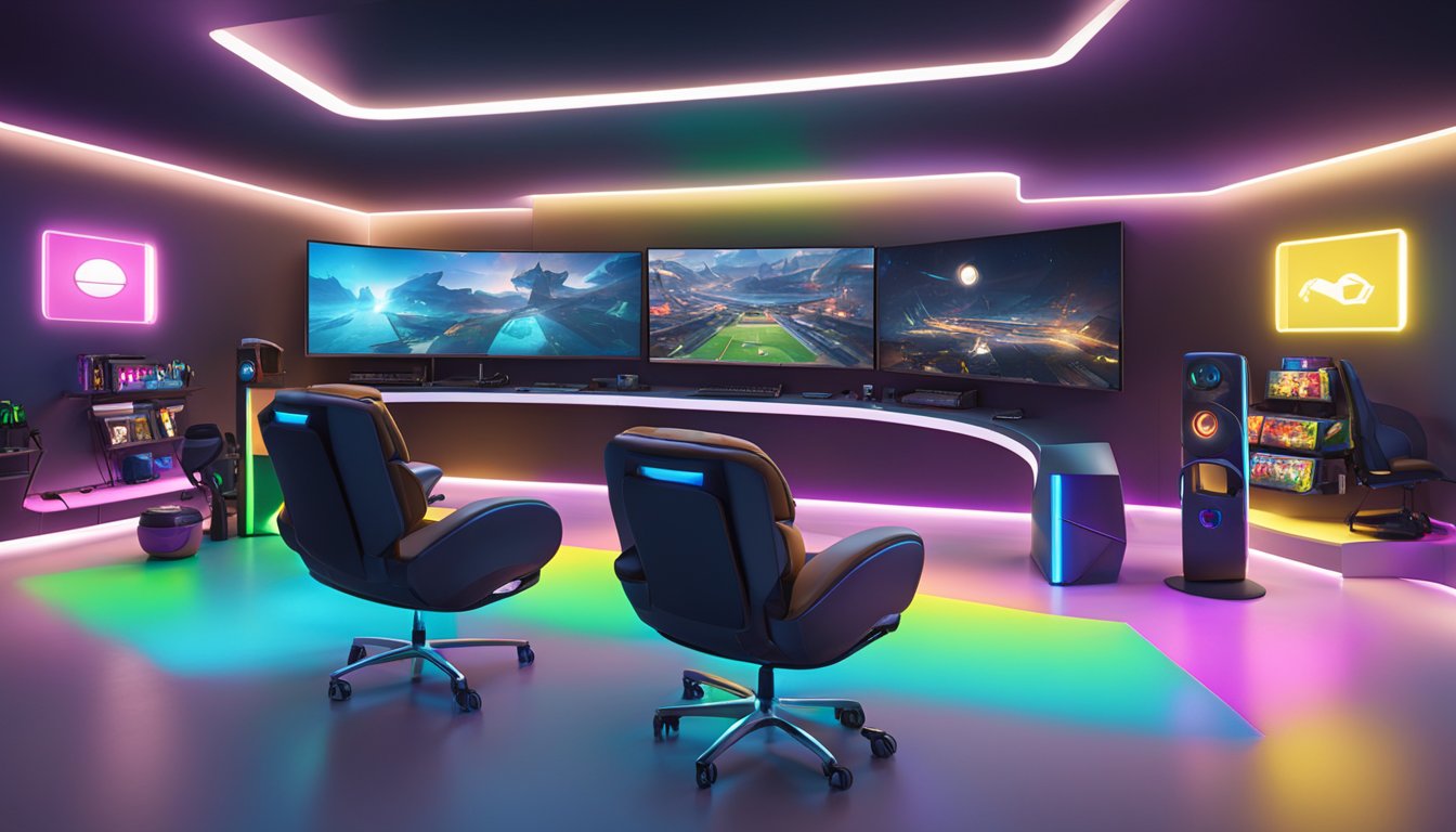 A sleek, modern gaming room with high-tech lighting, multiple large screens, comfortable ergonomic chairs, and a wall adorned with gaming memorabilia