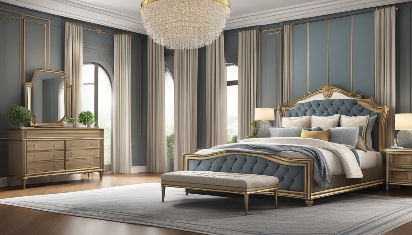 A grand king size bed frame stands in a spacious, elegant bedroom. Luxurious bedding and pillows adorn the bed, creating a sense of opulence and comfort
