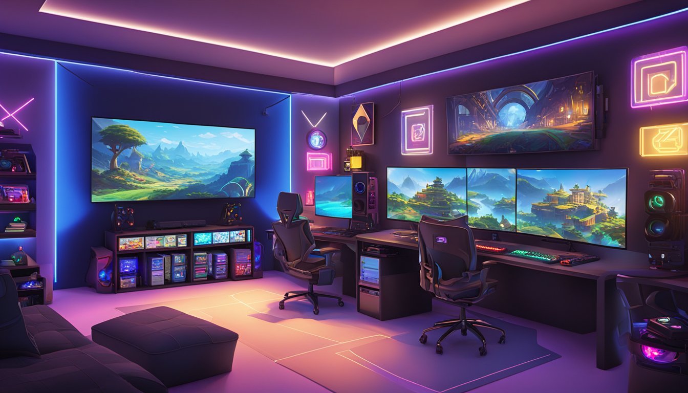 The gaming room is filled with high-tech equipment, including a large flat-screen TV, multiple gaming consoles, a comfortable gaming chair, and colorful LED lighting that creates an immersive and vibrant atmosphere