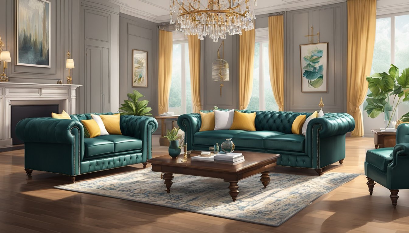 A luxurious chesterfield sofa sits in a grand living room, surrounded by elegant decor. Its tufted leather upholstery exudes timeless sophistication