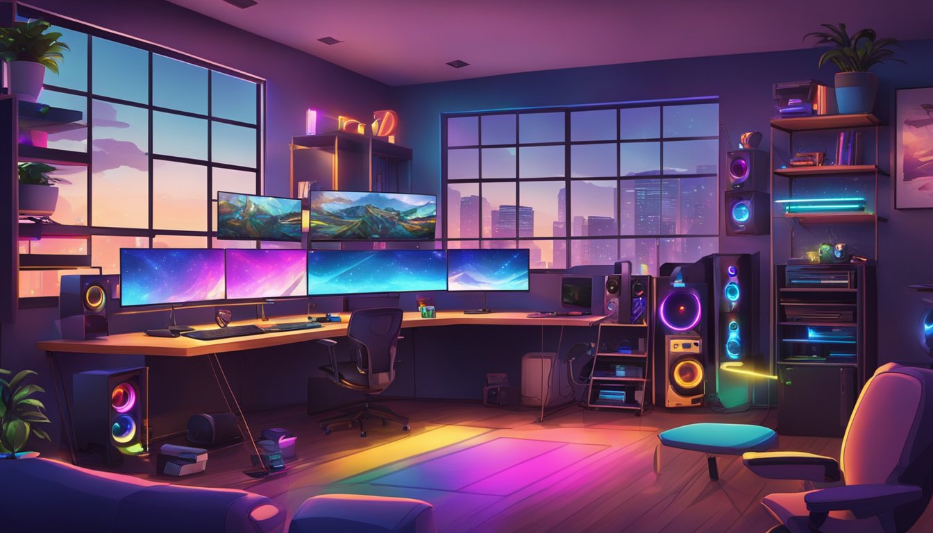 A gaming room with colorful LED lights, multiple screens, and comfortable seating. Shelves filled with gaming accessories and a large desk with a keyboard and mouse