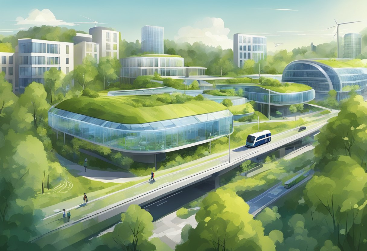 A lush, green landscape with renewable energy sources and efficient public transportation. Sustainable buildings and innovative waste management systems. Iconic Finnish design and technology showcased throughout the city