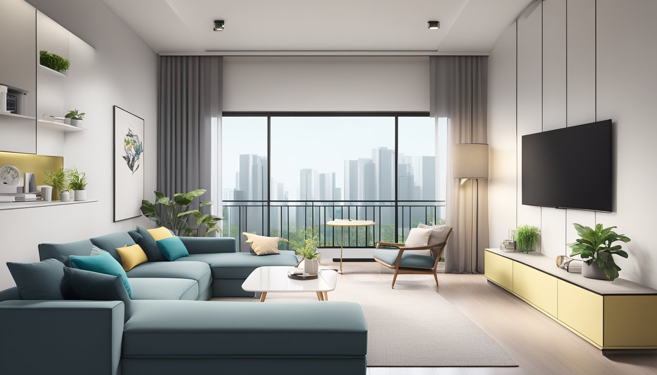 A modern HDB living room with a sleek sofa, coffee table, and TV unit, featuring a minimalist design with pops of color and natural light