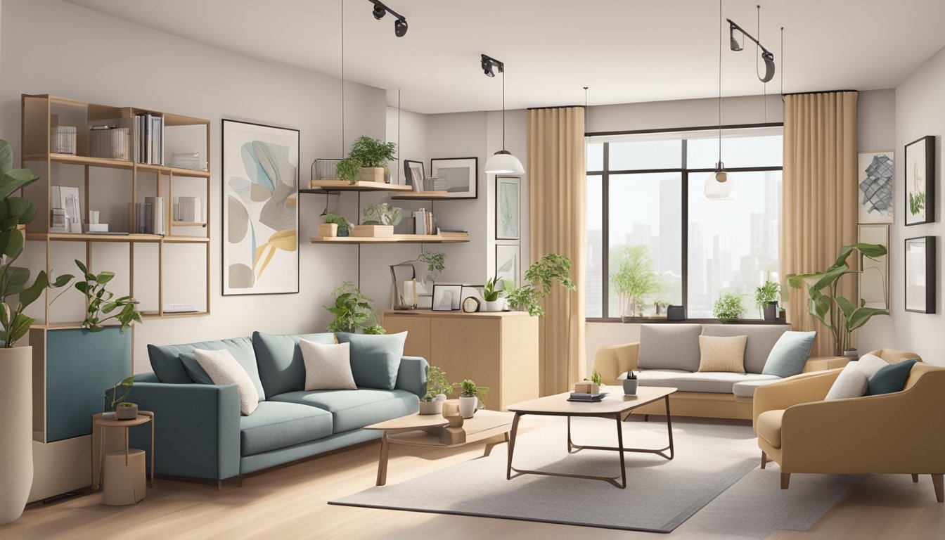 A cozy HDB living room with clever storage solutions, versatile furniture, and a neutral color scheme for a spacious and functional layout