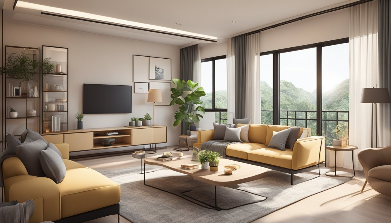 A cozy HDB living room with modern furniture, neutral color palette, and natural light streaming in through large windows