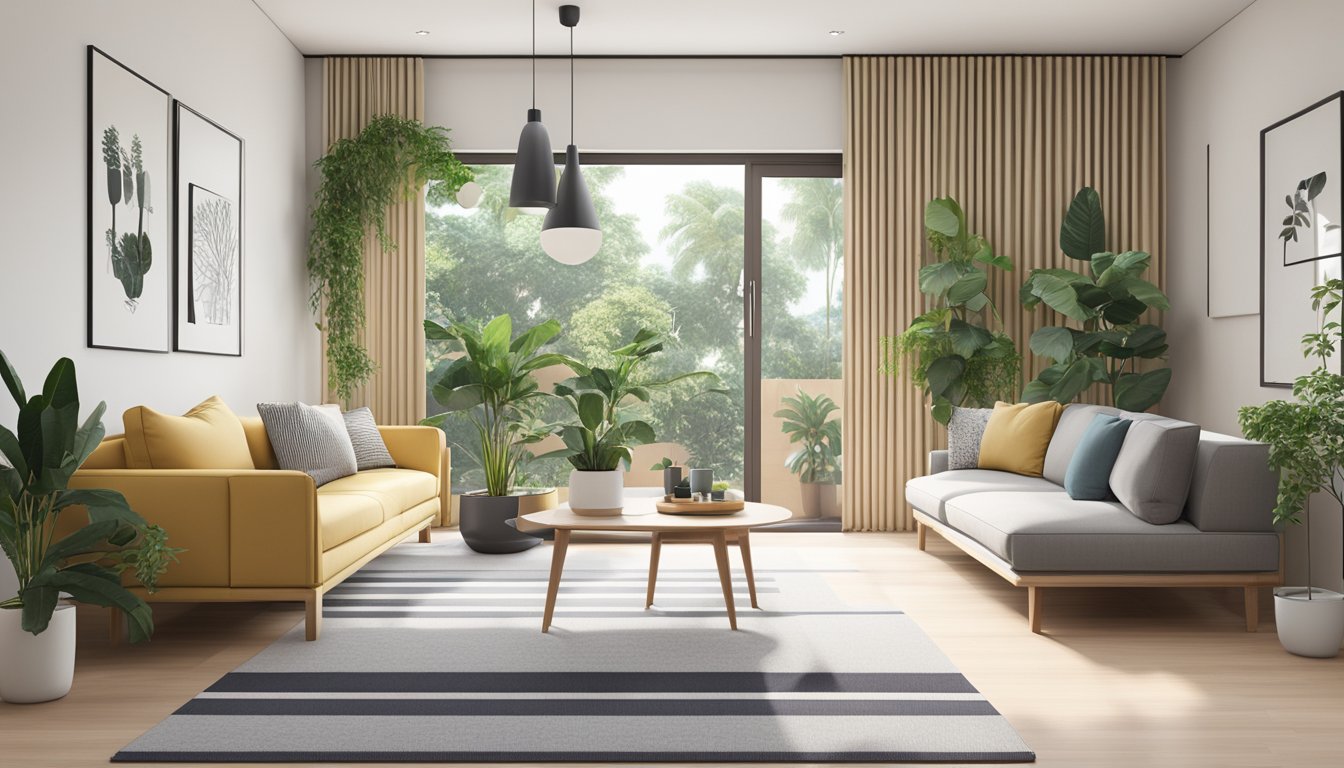 A modern HDB living room with minimalist furniture, bright natural lighting, and plants