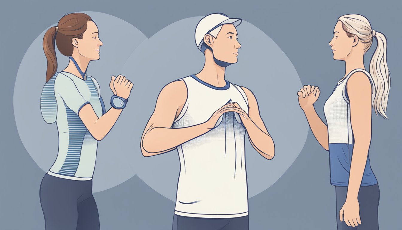 A person's heart rate gradually decreasing after exercise, shown through a heart rate monitor display and a person engaging in light stretching or breathing exercises