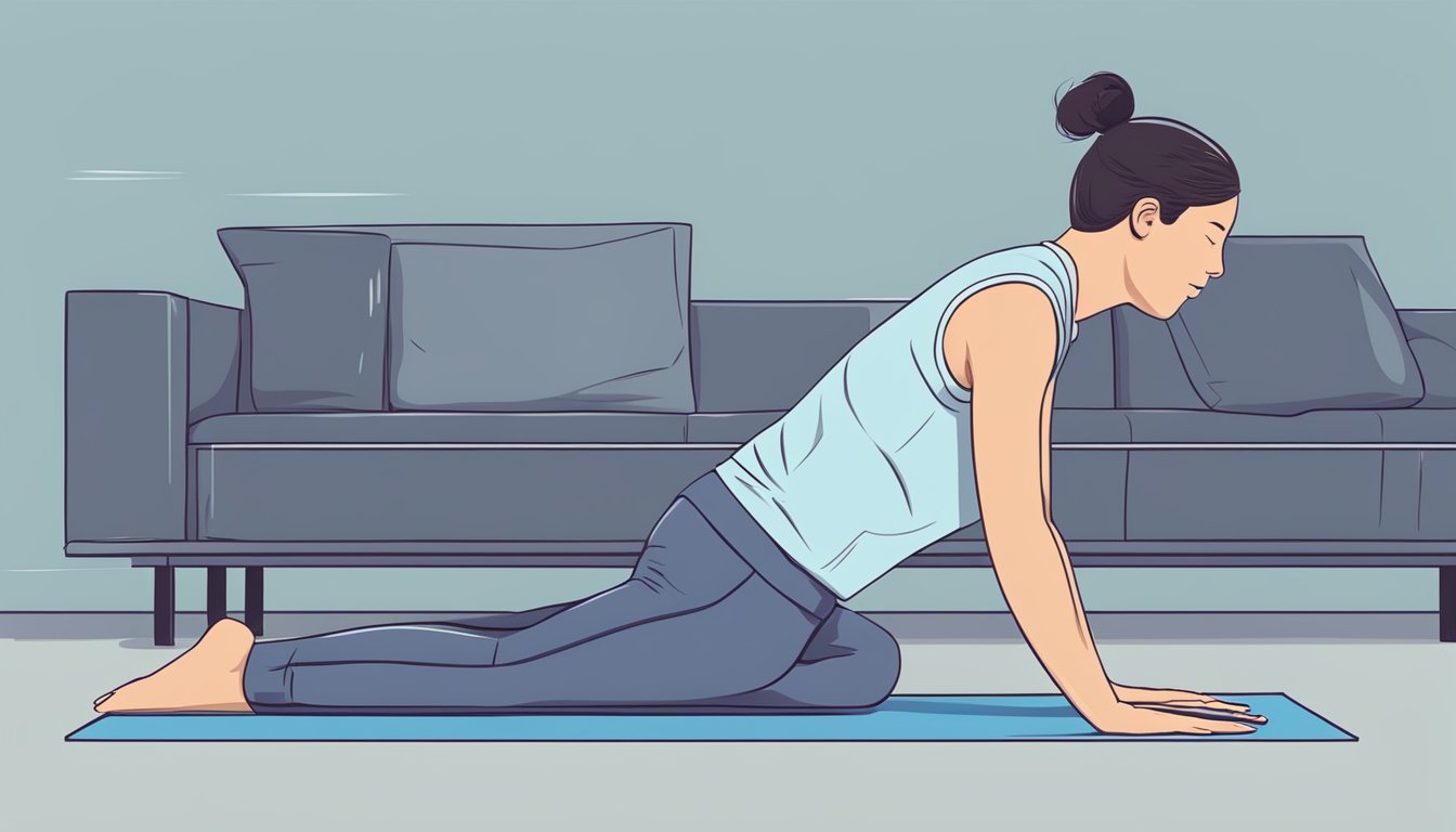 A person is engaging in cool down techniques, such as deep breathing and stretching, to lower their heart rate