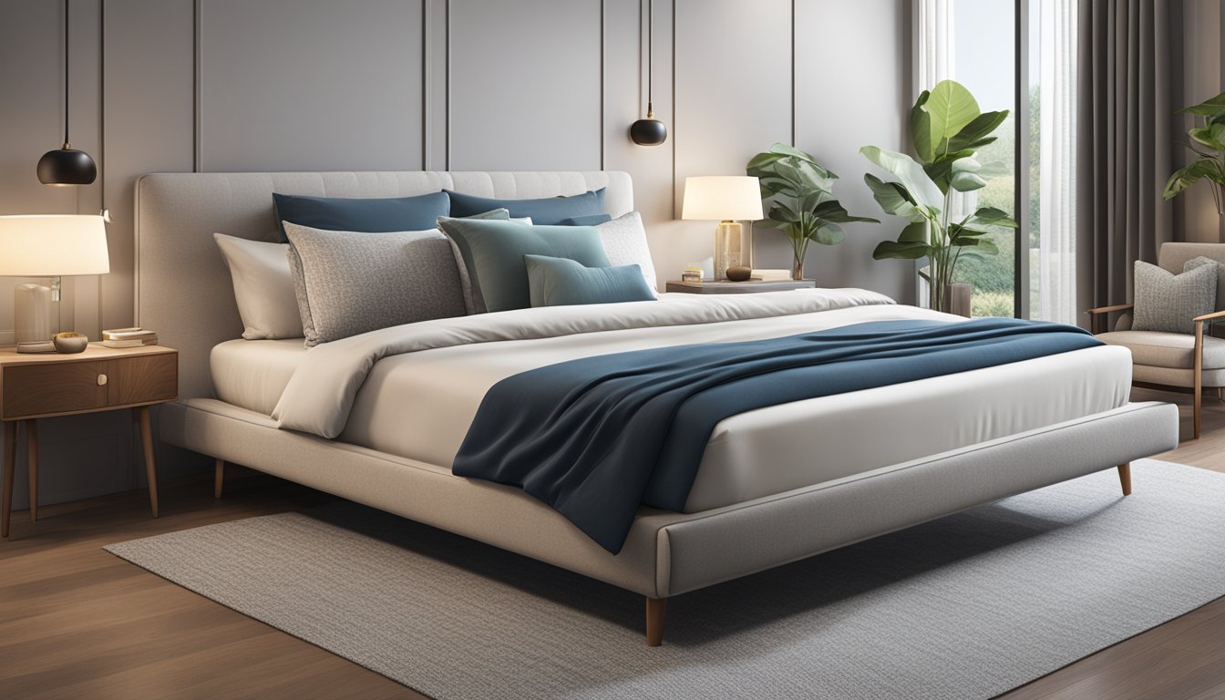 A cozy bedroom with a luxurious mattress from a well-known brand in Singapore, surrounded by soft pillows and a sleek bed frame