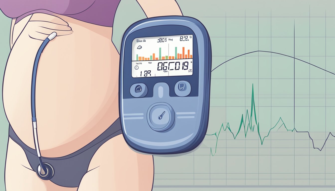A fetal heart rate monitor beeping steadily next to a pregnant belly, with a graph displaying normal heart rate fluctuations