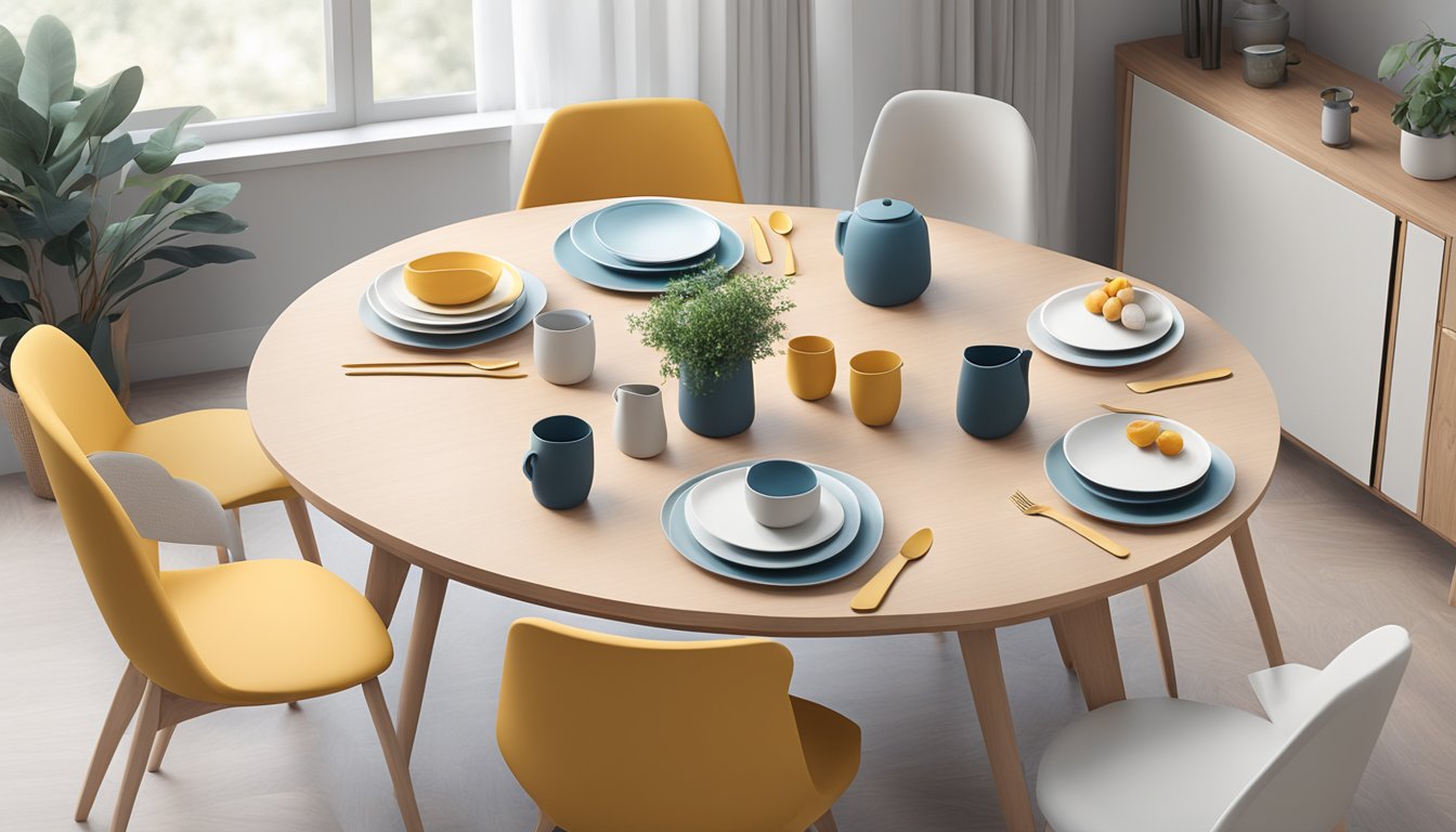 A scandinavian dining table in Singapore, set with minimalist dinnerware and surrounded by modern chairs