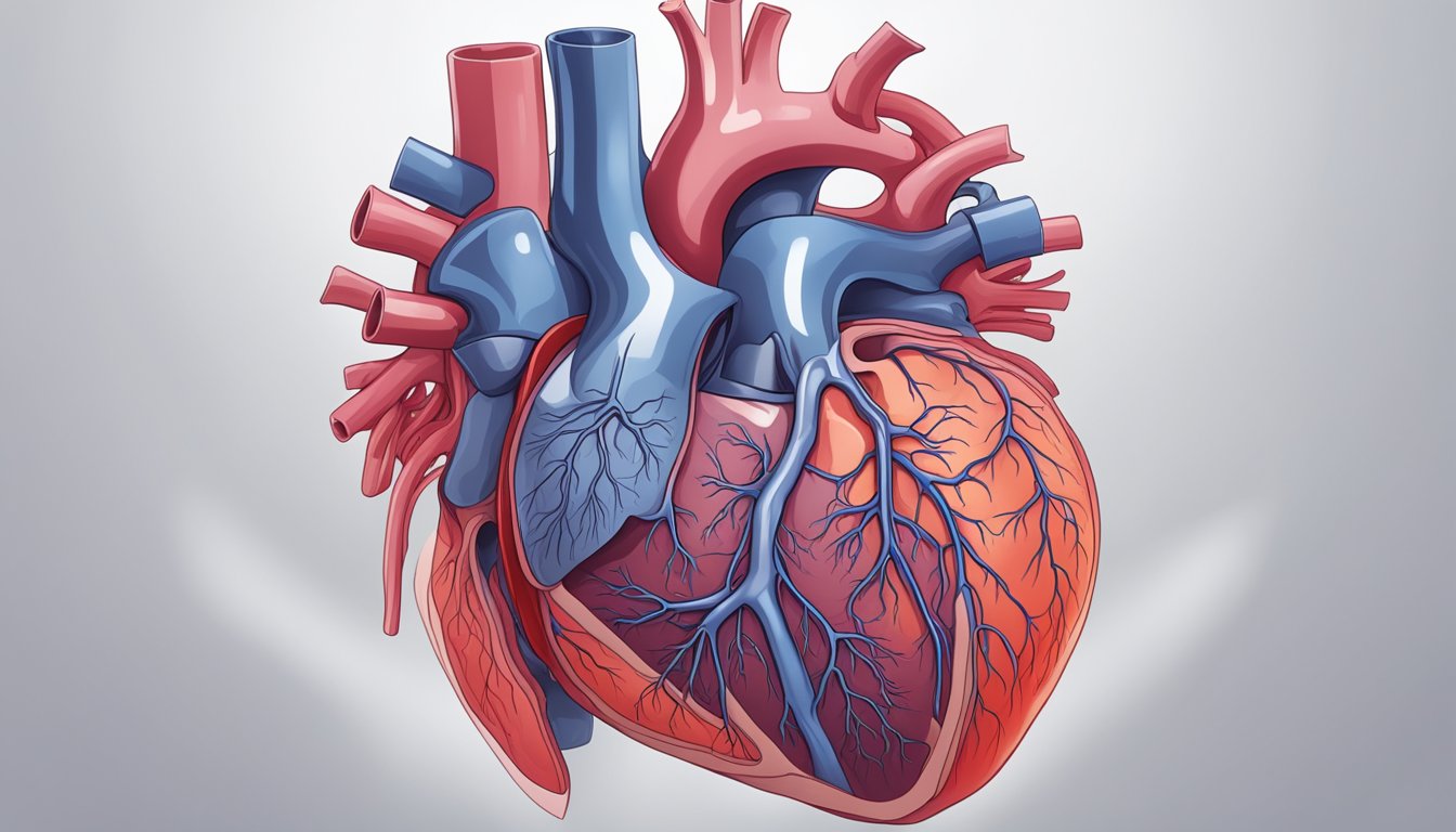 A heart with an enlarged, weakened left ventricle, surrounded by congested blood vessels and fluid-filled lungs