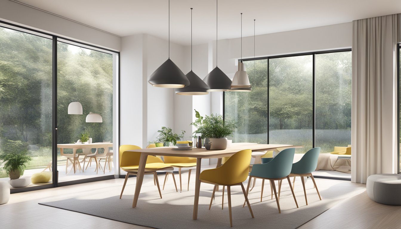A bright, airy room with large windows, showcasing a sleek, minimalist Scandinavian dining table surrounded by modern chairs