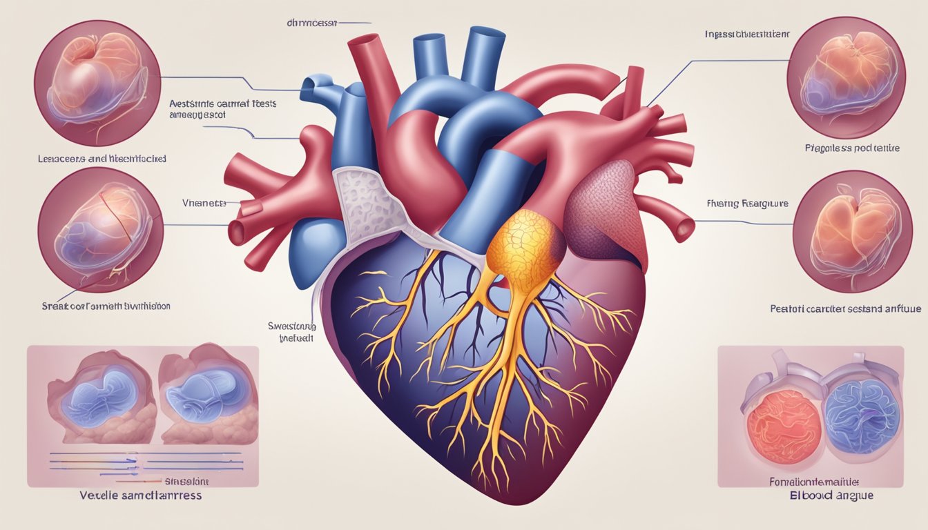 A heart with left ventricular heart failure, showing signs of shortness of breath, fatigue, and swollen ankles. Diagnosed through physical exam, imaging, and blood tests