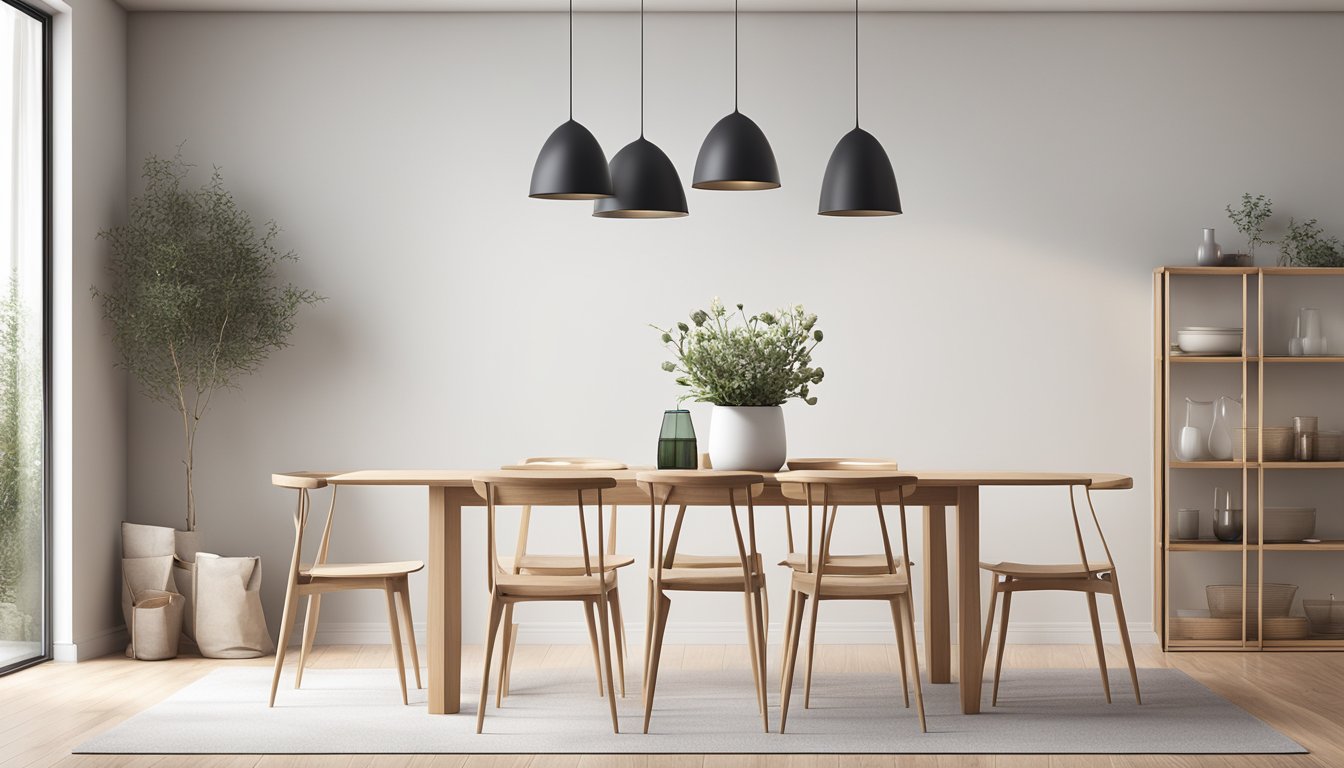 A sleek, minimalist Scandinavian dining table set against a backdrop of clean, light-colored walls and natural wood flooring. A few simple, elegant accessories such as a vase of fresh flowers and a set of modern dinnerware complete the scene