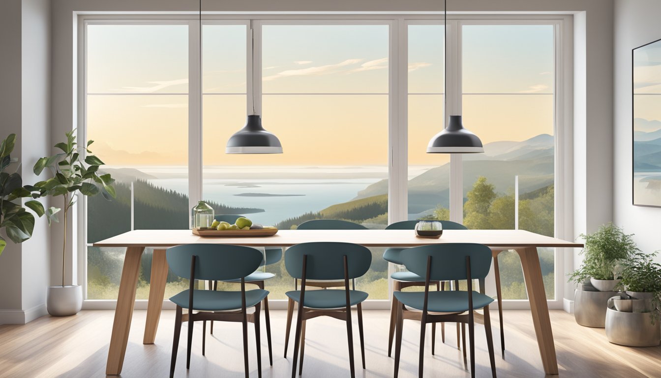 A sleek, modern Scandinavian dining table set in a bright, airy room with minimalist decor and large windows overlooking a serene landscape
