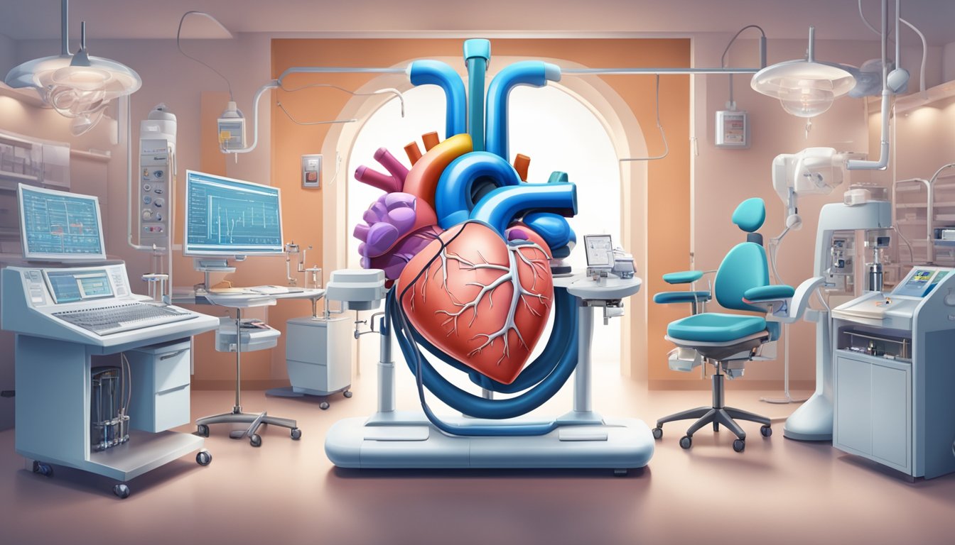 A heart-shaped organ with a visible left ventricle, surrounded by medical equipment and treatment options