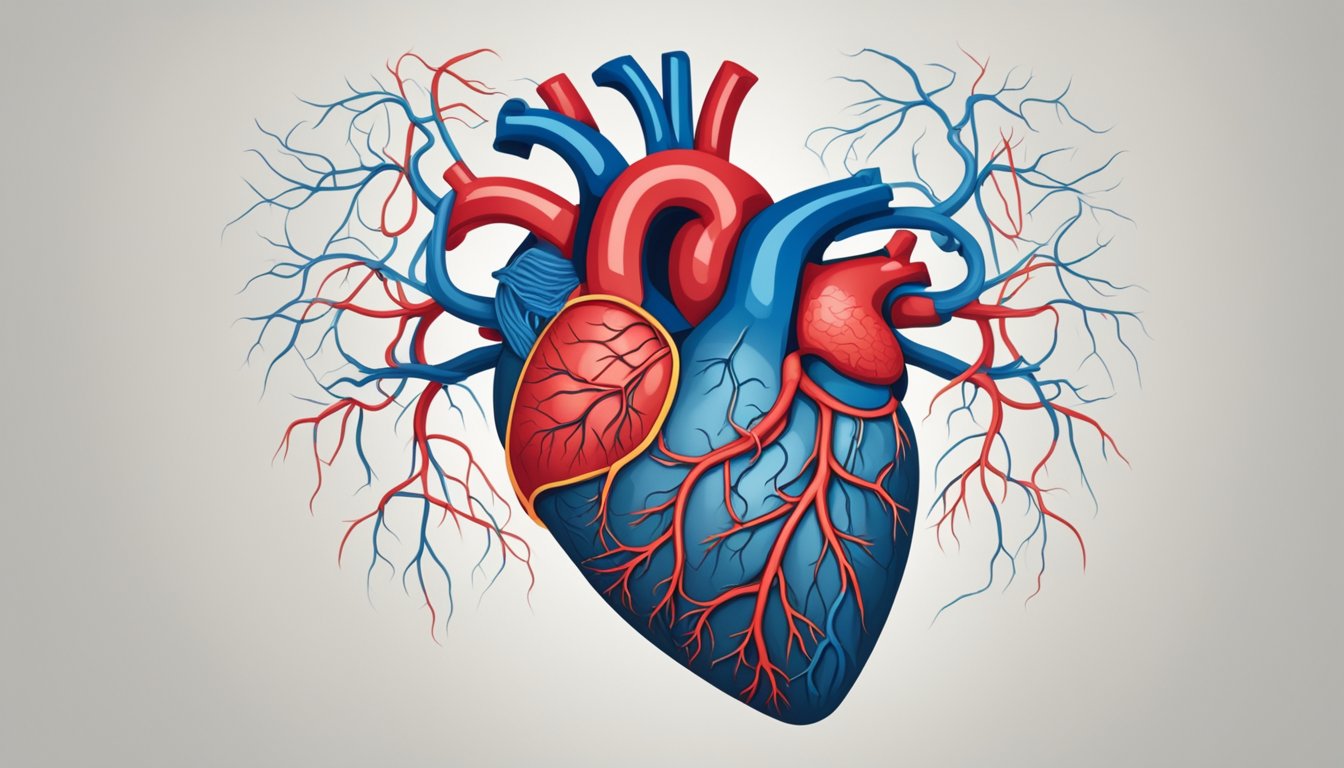 A heart with a weakened left ventricle, surrounded by tangled arteries and veins, with a cloud of uncertainty looming overhead