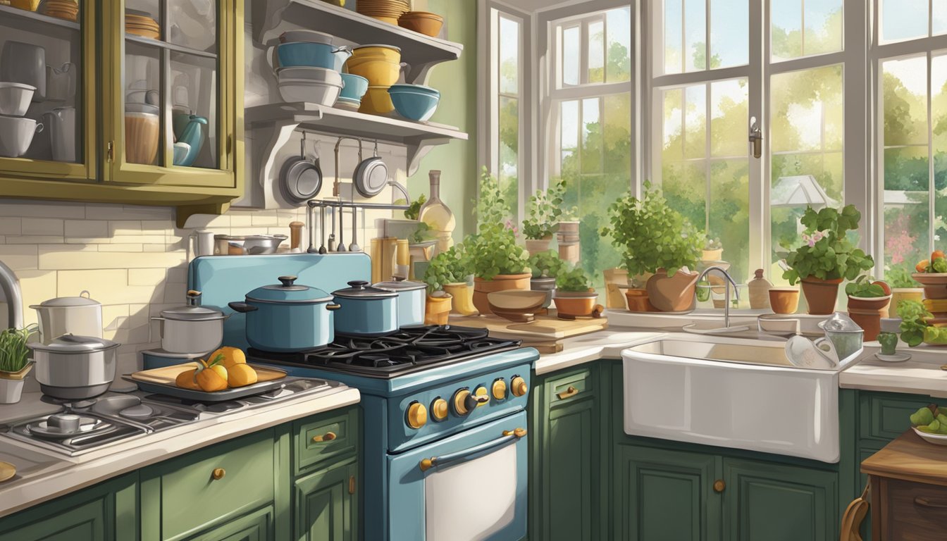 A cluttered kitchen with a vintage stove, mismatched dishes, and a window overlooking a garden