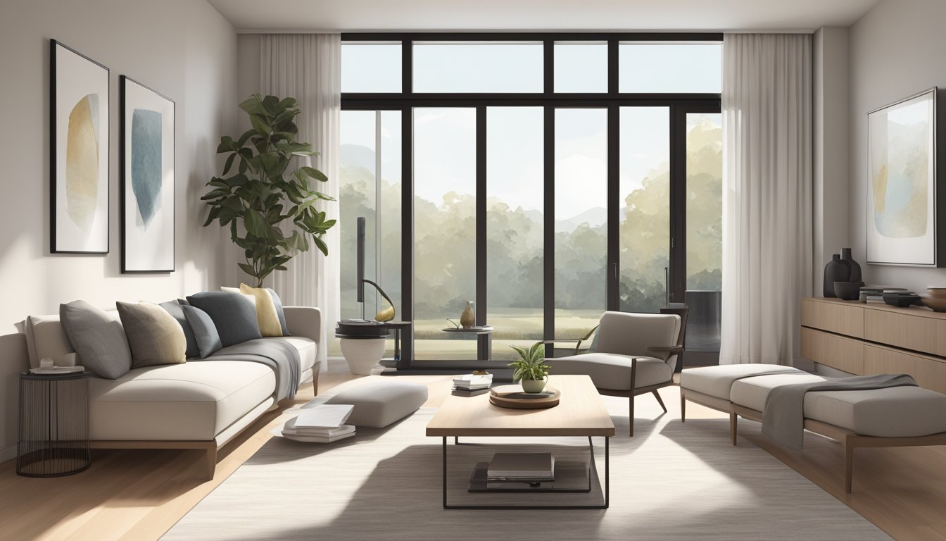 A modern, minimalist living room with sleek furniture, neutral colors, and clean lines. A large window lets in natural light, and a statement piece of artwork hangs on the wall