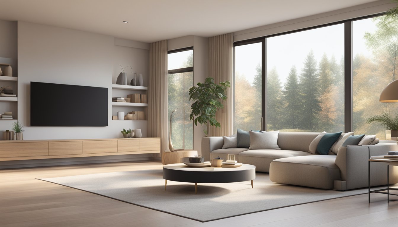 A modern, minimalist living room with clean lines, neutral colors, and natural materials. A large window lets in plenty of natural light, and a cozy seating area is centered around a sleek fireplace