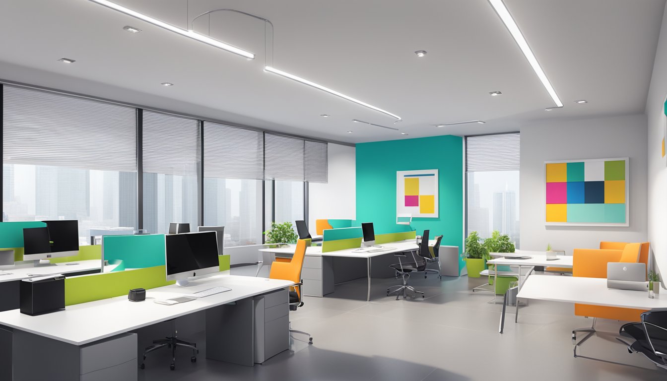 A sleek, modern office space with clean lines and vibrant pops of color. The logo "Chengyi Interior Design" prominently displayed on the wall