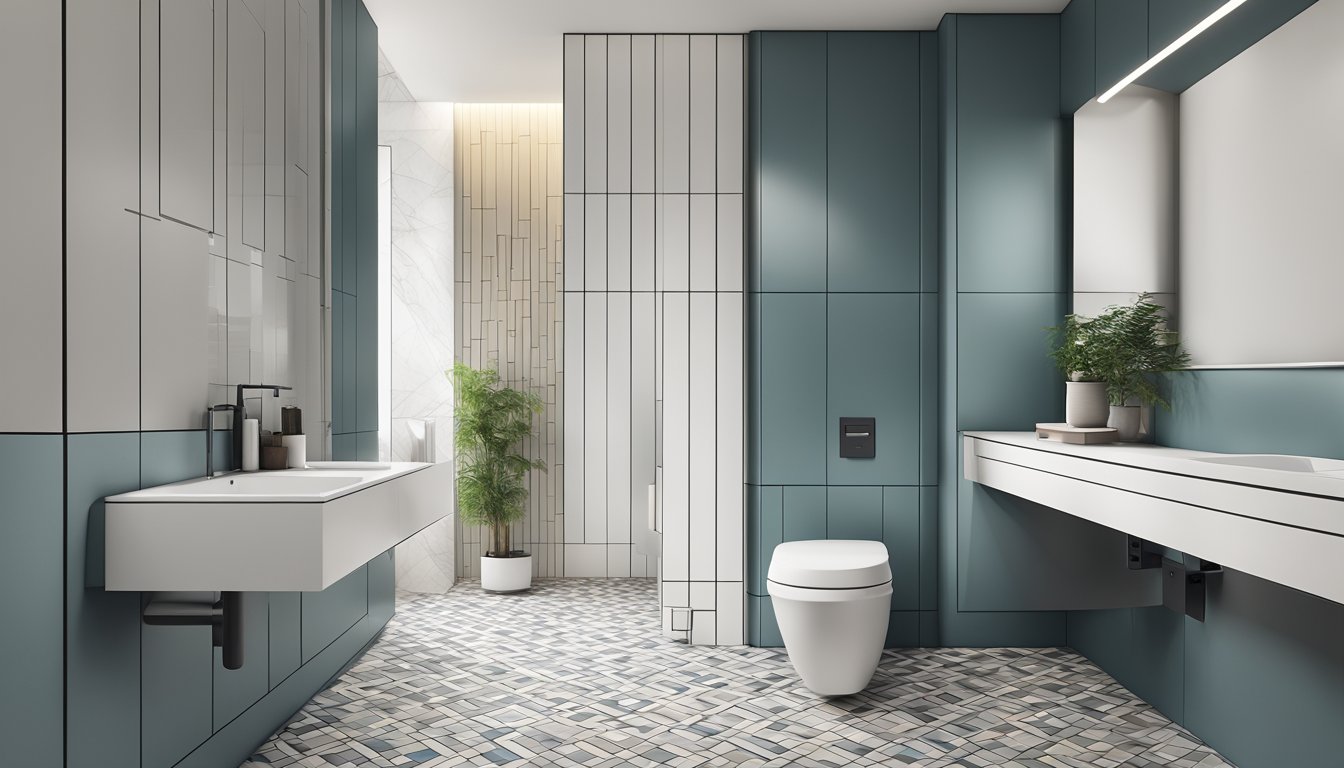A modern toilet with sleek lines and a minimalist design, featuring a wall-mounted toilet, floating vanity, and geometric tile flooring