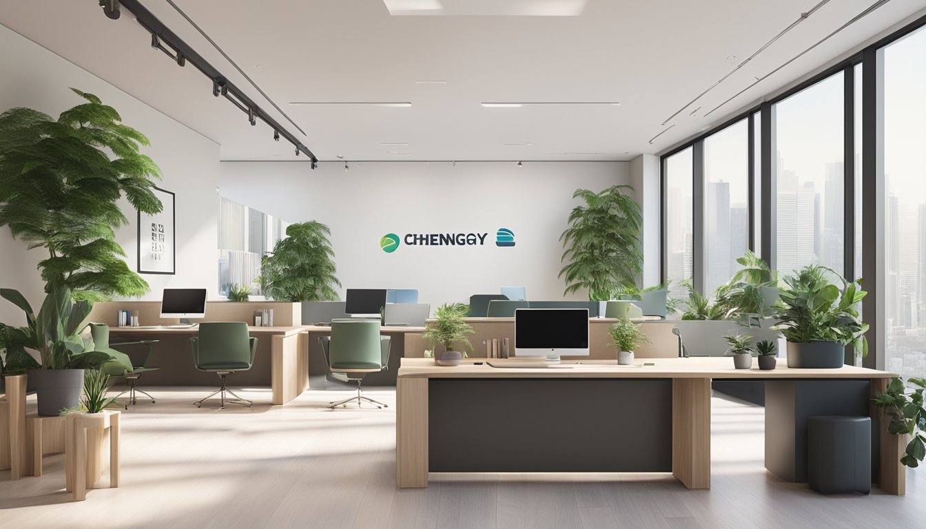 A modern office space with sleek furniture, plants, and natural light, showcasing the chengyi interior design logo prominently displayed on a wall