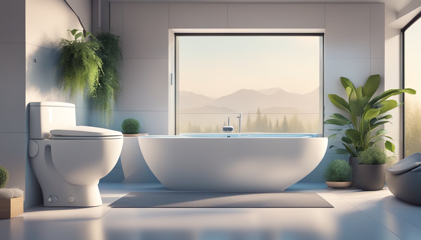 A sleek, futuristic toilet with built-in bidet and adjustable seat height. Surrounding the toilet are plants and modern artwork, creating a spa-like atmosphere