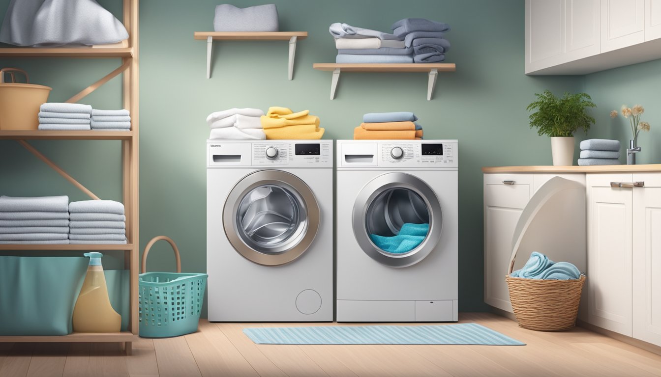 A washing machine with a built-in dryer sits in a laundry room, surrounded by detergent, fabric softener, and a basket of clothes