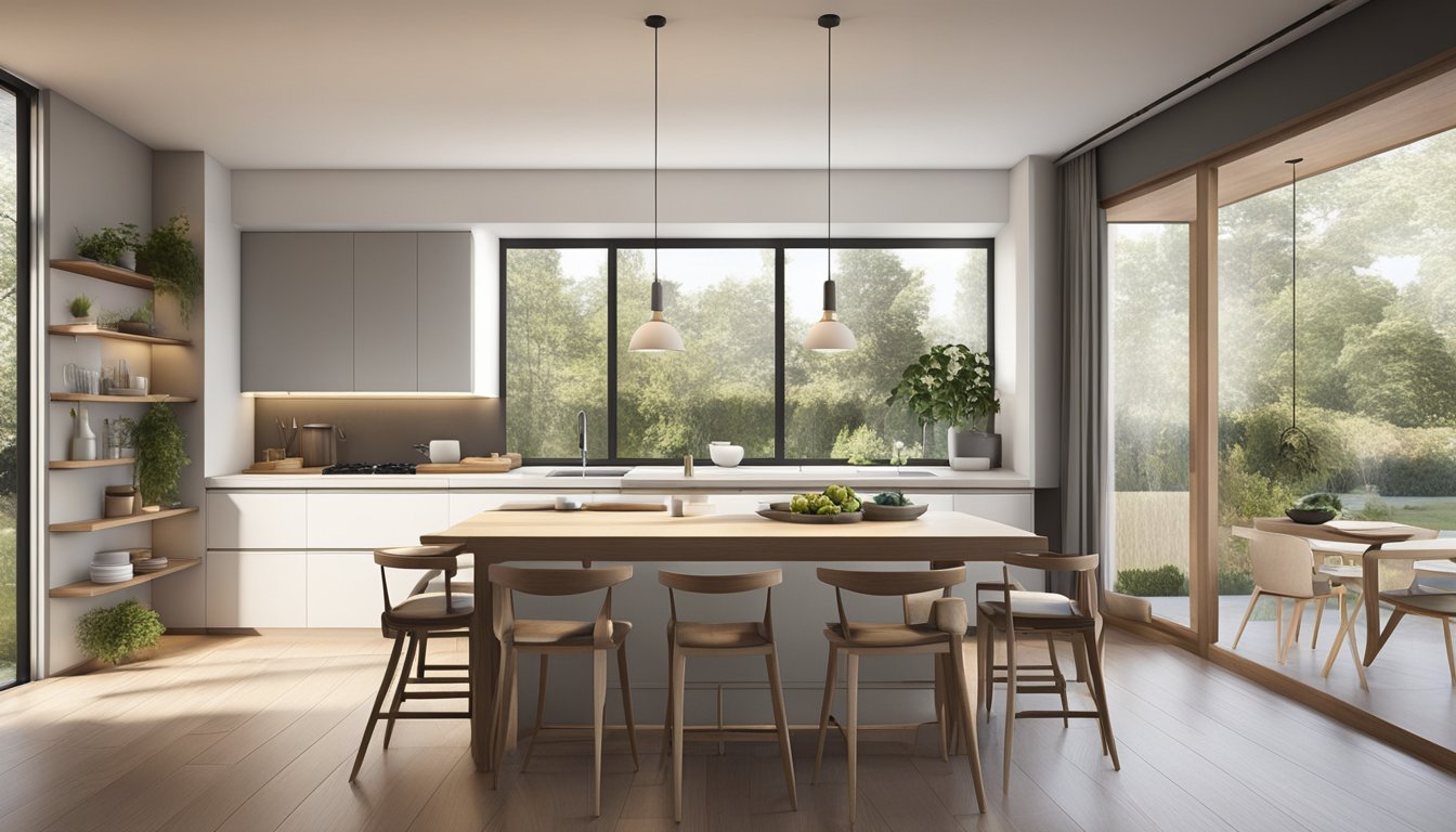 The kitchen seamlessly flows into the living area, with open shelves, a central island, and a cozy dining nook. The natural light floods in through large windows, illuminating the modern, minimalist design