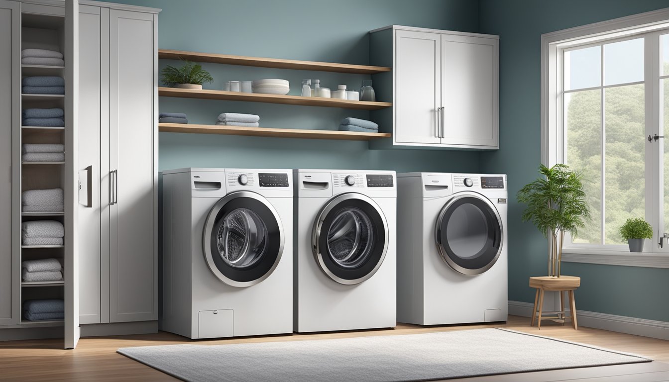 A washing machine and dryer stand side by side, their sleek, modern design exuding efficiency and convenience. The washer door is closed, while the dryer door is open, revealing the interior drum and controls