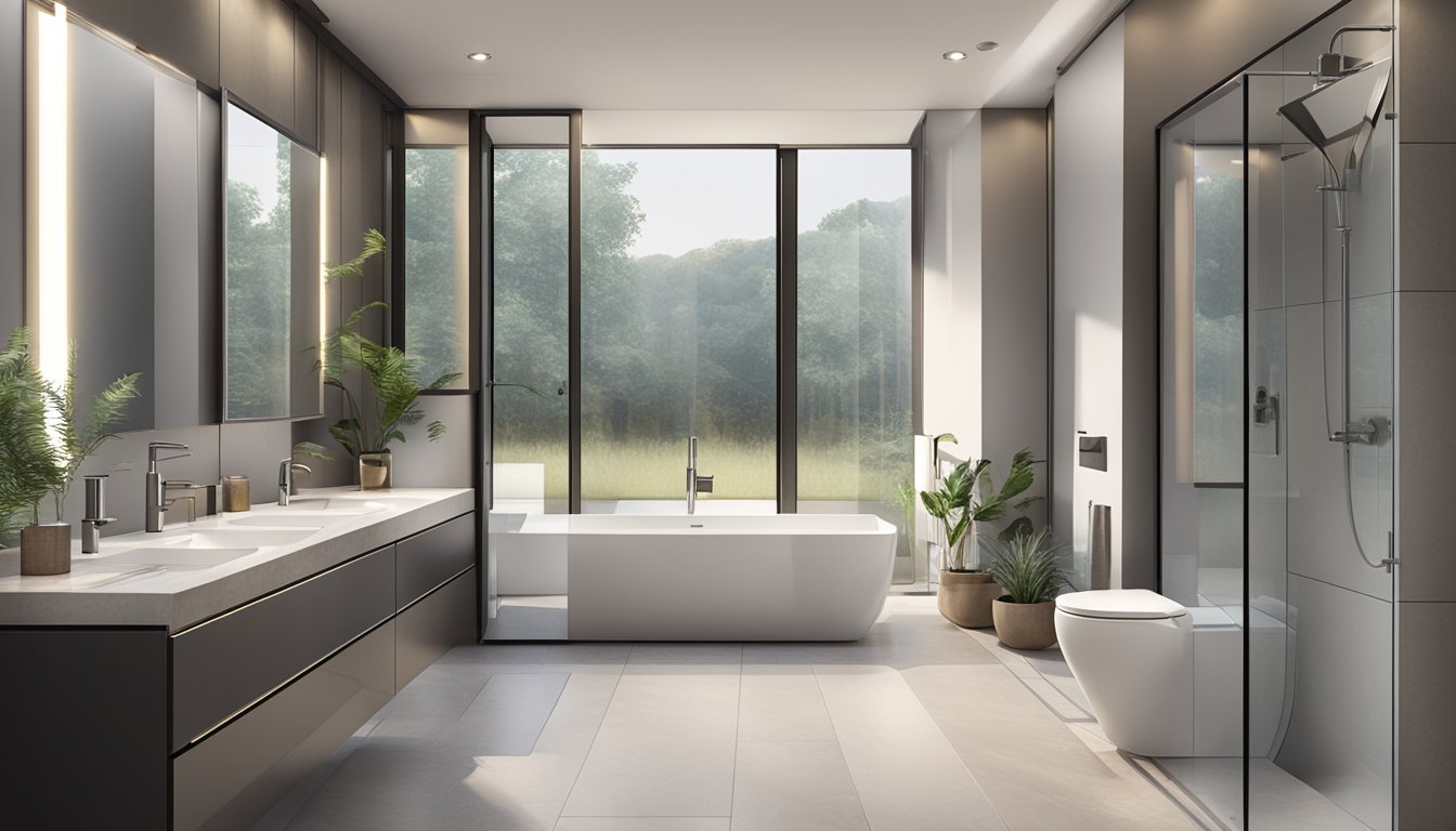A modern toilet with sleek fixtures and a spacious layout, featuring a stylish floating vanity, a large mirror, and a glass-enclosed shower