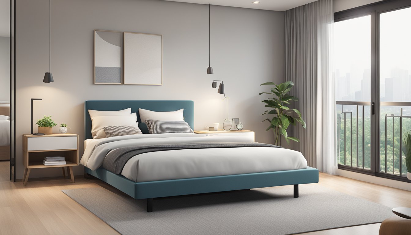 A sleek, modern super single bed frame in a minimalist Singaporean bedroom