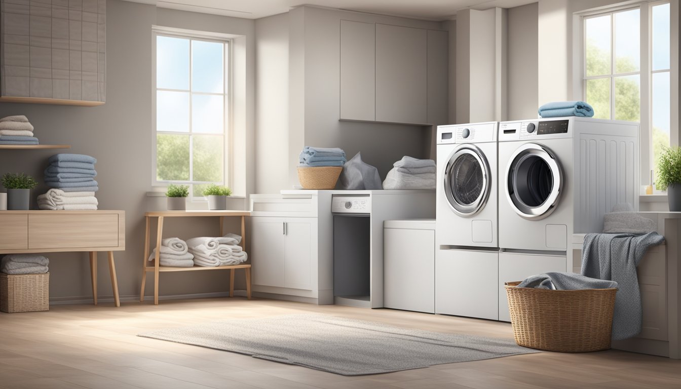 A modern washing machine with a built-in dryer, surrounded by neatly folded laundry and a stack of fresh towels