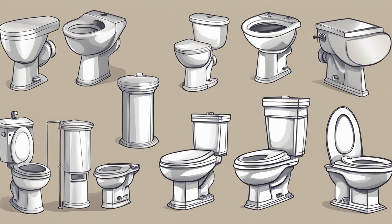 A variety of toilet designs displayed with labels and descriptions for FAQ illustrations