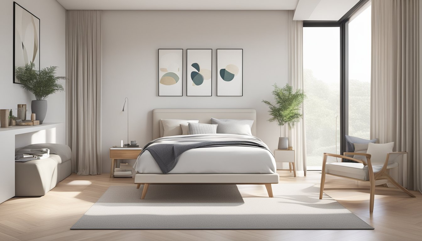 A sleek, modern super single bed frame stands in a bright, minimalist bedroom. Clean lines and a neutral color palette create a sense of calm and simplicity