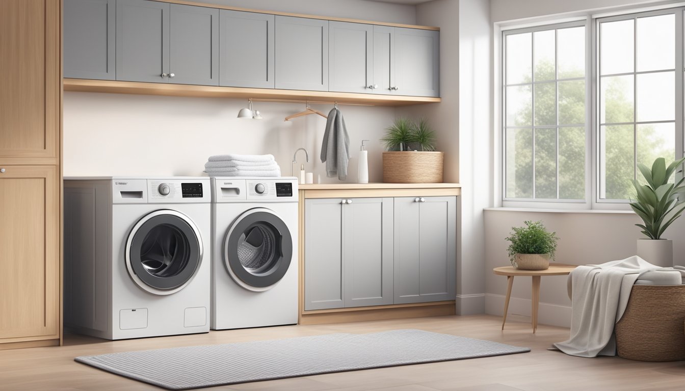 A washing machine with a built-in dryer sits in a bright, modern laundry room, surrounded by neatly folded towels and a basket of freshly cleaned clothes