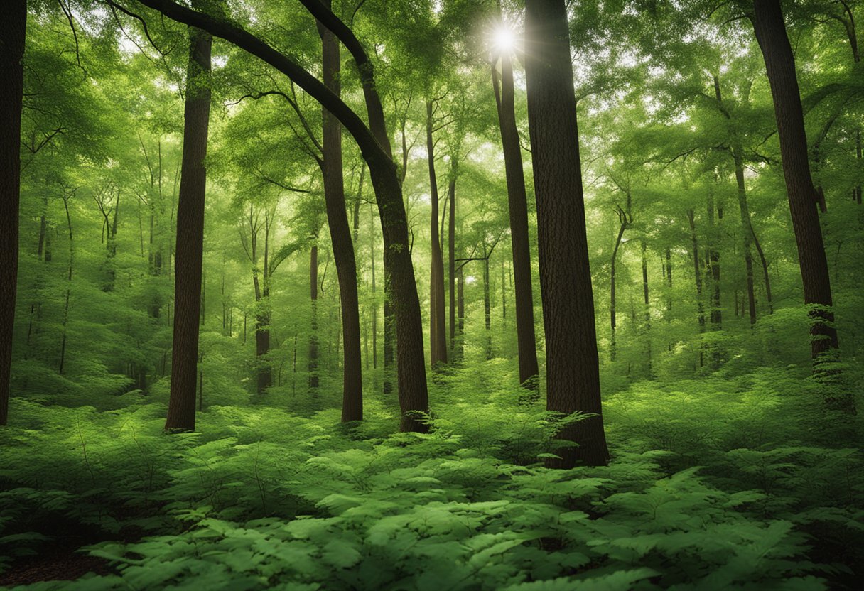 A lush forest in North Carolina, with a variety of common trees such as oak, pine, and maple, standing tall and healthy, showcasing the diversity and longevity of the local flora