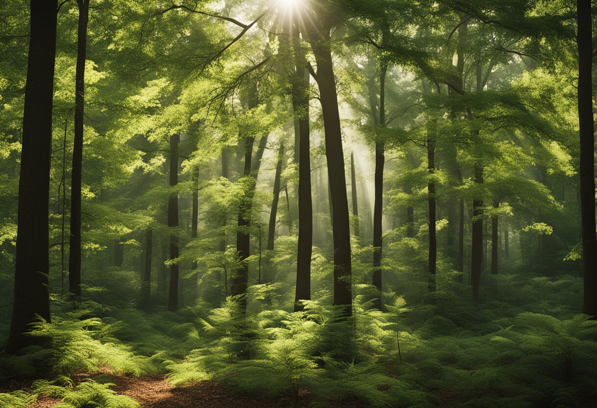 A lush forest with a variety of common trees in North Carolina, including oak, pine, and maple, standing tall and healthy under the sunlight