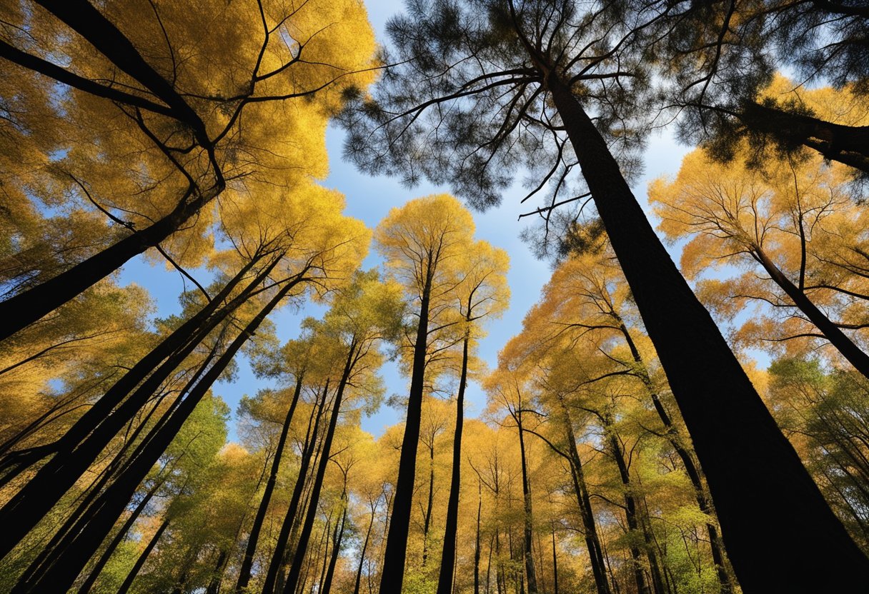 The forest floor is blanketed with fallen leaves and pine needles, while towering oak, maple, and pine trees stretch towards the sky, showcasing the diverse and abundant tree species of North Carolina