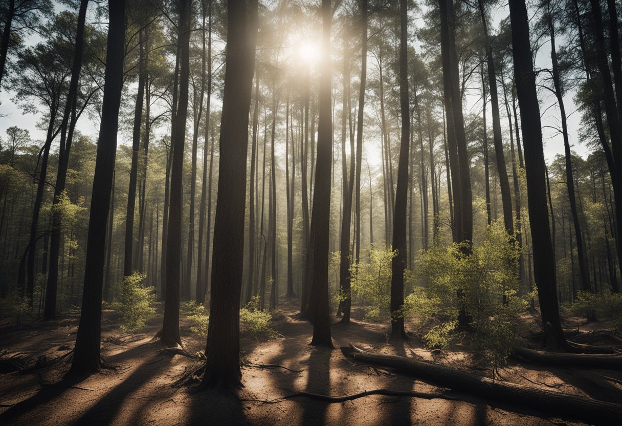 Scene: A forest in North Carolina with dying and stunted trees, dry and cracked soil, and sparse vegetation, under a scorching sun and minimal rainfall