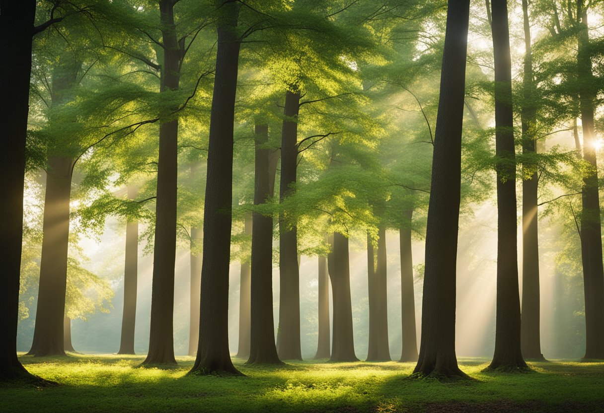 A row of common trees in North Carolina, each labeled with preservation techniques. Sunlight filters through the leaves, showcasing their vibrant green color and healthy appearance