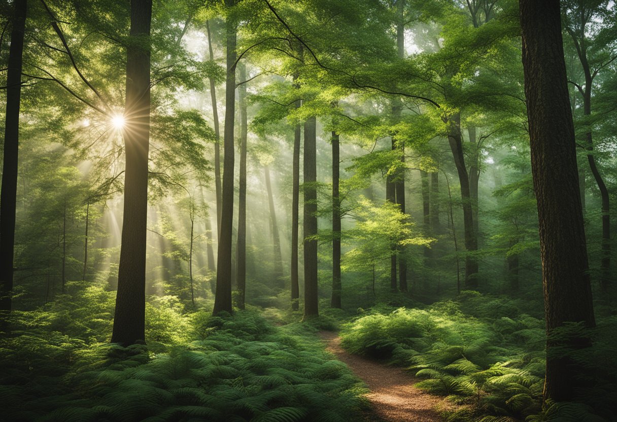 A lush forest in North Carolina, with various common trees like oak, pine, and maple, standing tall and healthy, creating a vibrant and diverse ecosystem