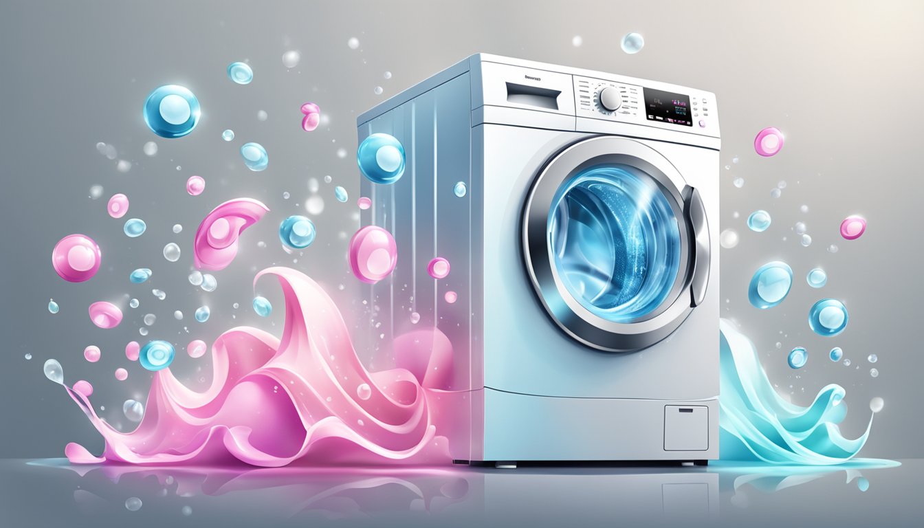 A washing machine with clear symbols, water droplets, and spinning motion