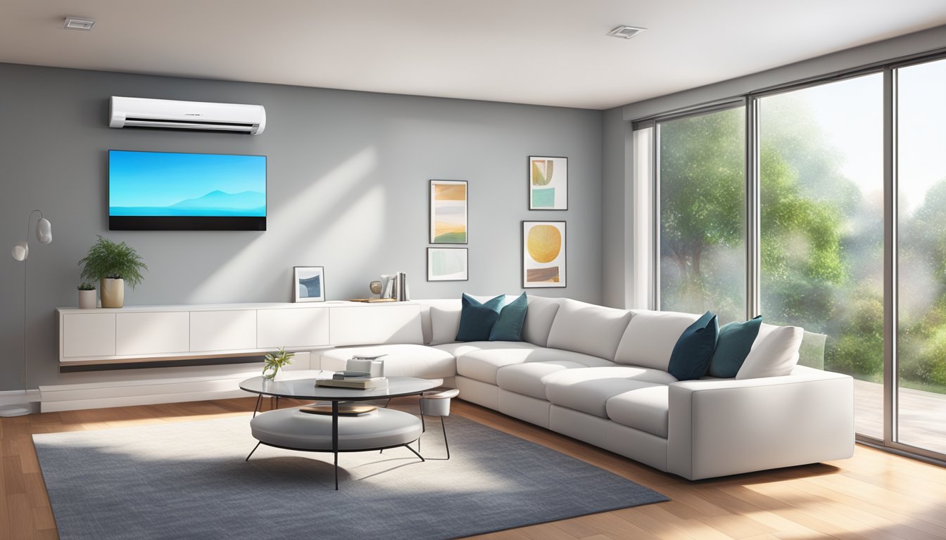A modern living room with a sleek Mitsubishi air conditioning unit mounted on the wall, cooling the space with its innovative technology
